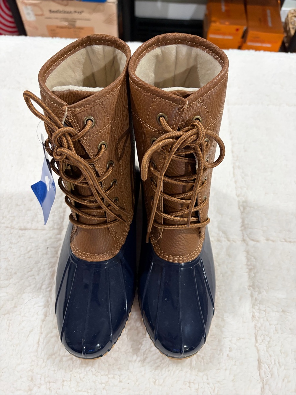JBU Two-Tone Lace-Up Duck Boots in Brown and Navy